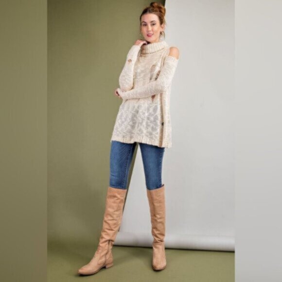 Easel | Bethany Distressed Destructed Cold Shoulder Sweater Tunic Cream Medium - Picture 13 of 14